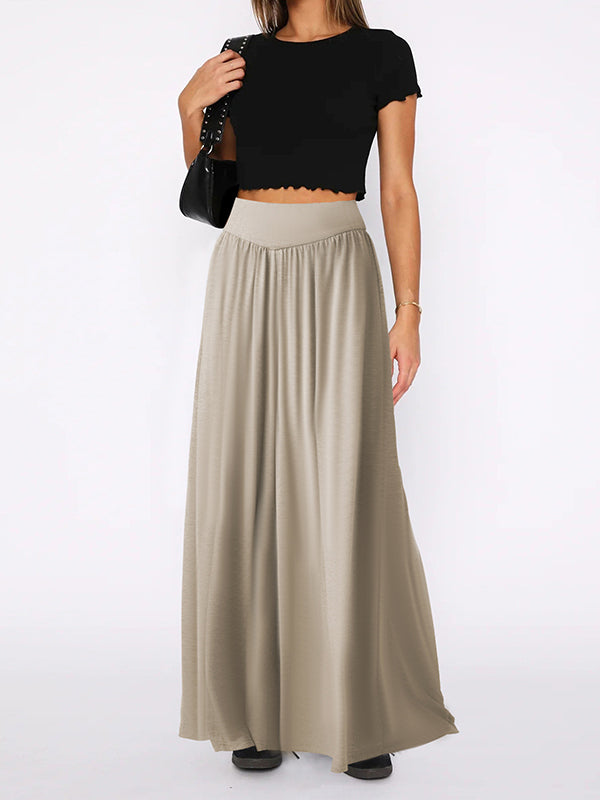 Pleated Pockets Solid Color Split-Joint High Waisted Loose Trousers Pants