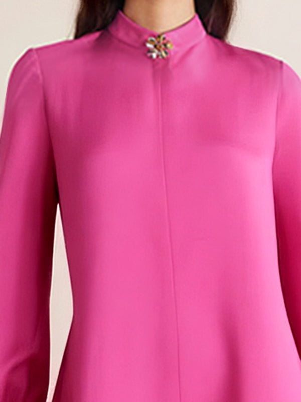 Solid Color Split-Joint Puff Sleeves Round-Neck Shirt Dress Maxi Dresses