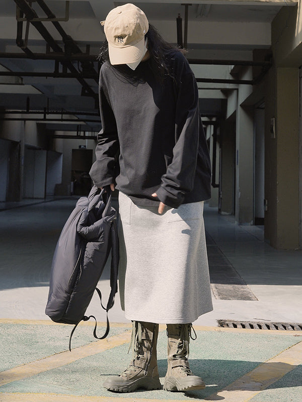 Casual Long Sleeves Loose Solid Color Round-Neck T-Shirts Tops
