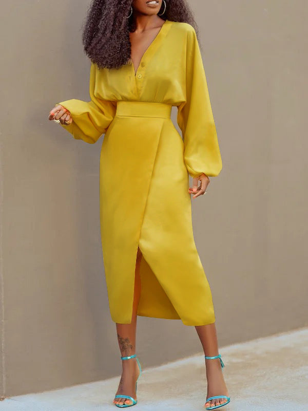 Buttoned Solid Color Long Sleeves Loose V-Neck Blouses&Shirts Tops