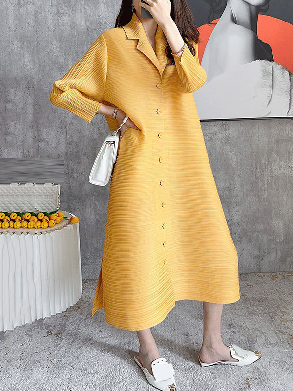 Solid Color Pleated Long Sleeves Shirt Dress Midi Dress