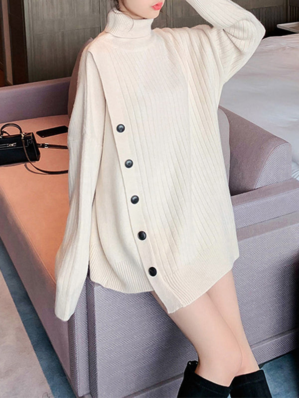 Asymmetric Buttoned High-low Long Sleeves High-neck Sweater Tops Pullovers Knitwear