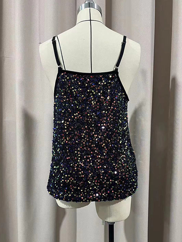 Sequined Loose Sleeveless Deep V-Neck Vest Top