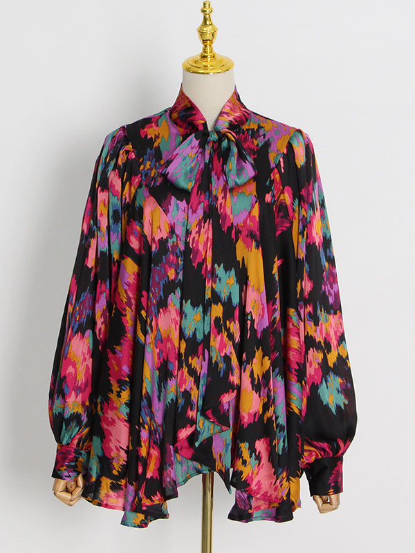 Loose Printed Puff Sleeves Pleated Stand Collar Blouses