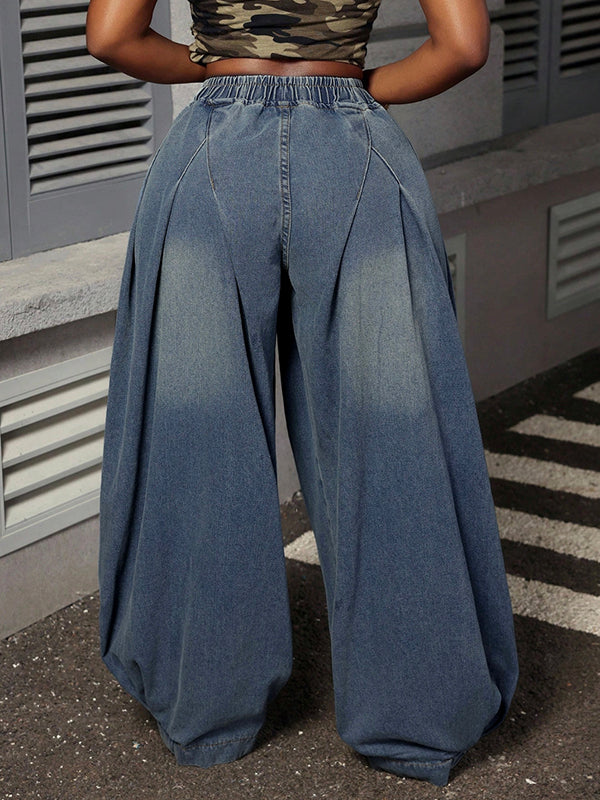 Elasticity Pockets Solid Color Loose Trousers Jean Pants Bottoms