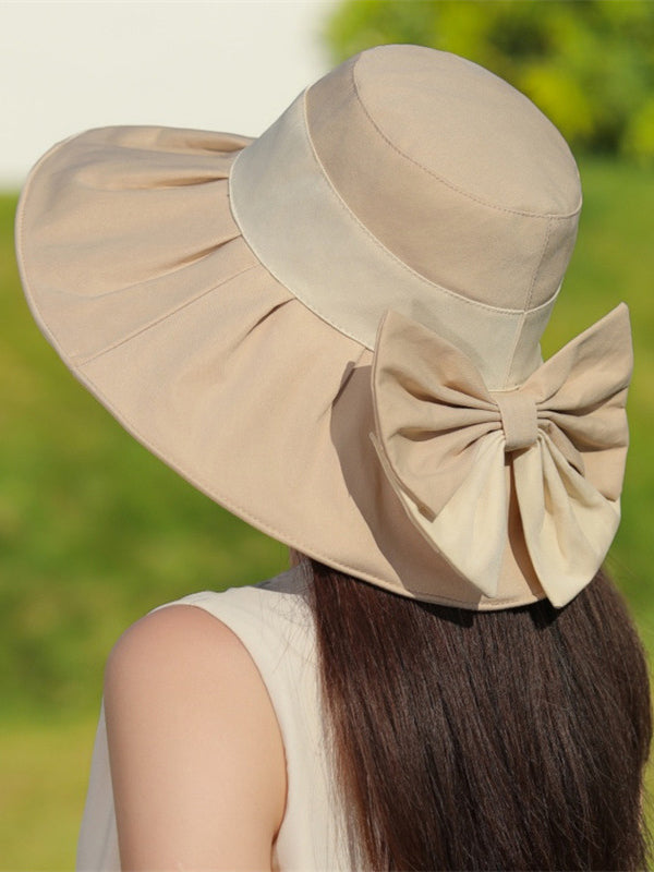 Bowknot Contrast Color Pleated Split-Joint Sun Hat Fisherman Hat