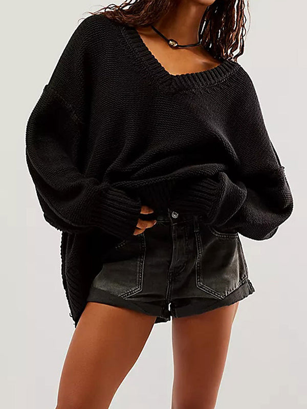 Solid Color Velvet Long Sleeves Loose V-Neck Sweater Tops Pullovers