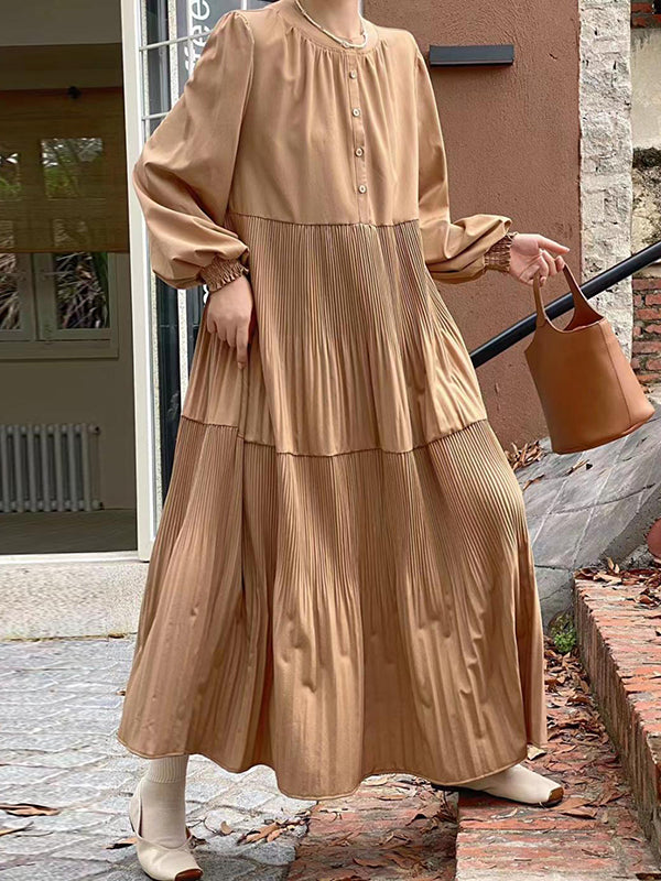 Buttoned Pleated Solid Color Split-Joint A-Line Long Sleeves Round-Neck Midi Dresses