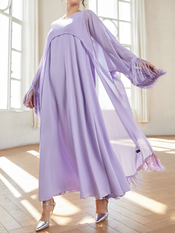Gauze Solid Color Tasseled Zipper A-line High Waisted Round-neck Two Pieces Set Maxi Dresses