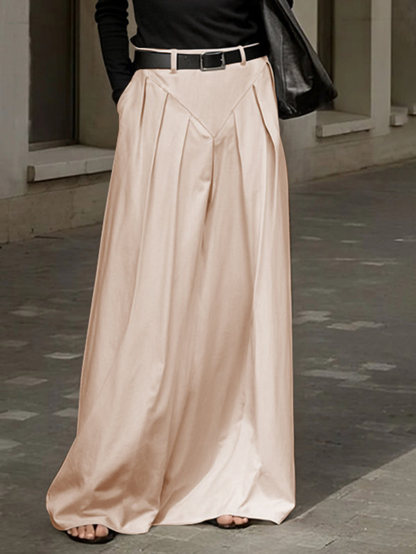 Belted Pleated Pockets Solid Color Split-Joint Zipper Loose Skirts Bottoms
