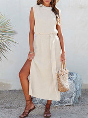 Solid Color Split-Side Tied Waist A-Line Loose Round-Neck Sweater Dresses Midi Dresses