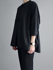 Simple Loose Round-Neck White Black Blouse