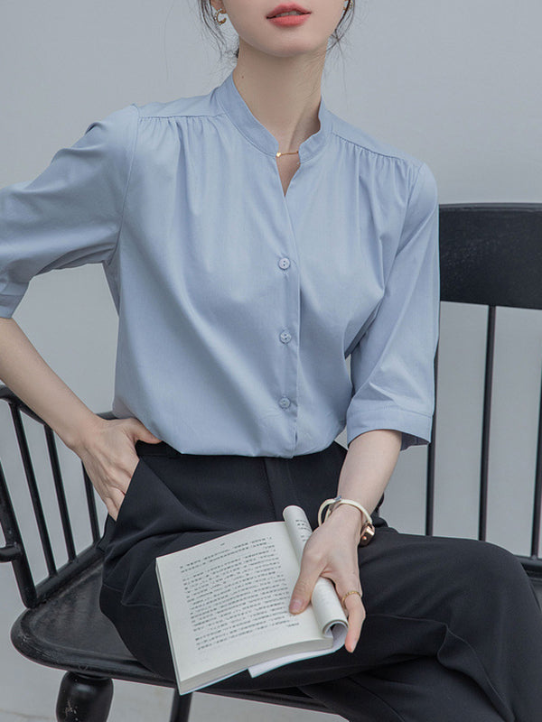 Buttoned Pleated Solid Color Split-Joint Half Sleeves Loose Stand Collar Blouses&Shirts Tops