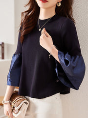 Pleated Split-Joint Flared Sleeves Long Sleeves Round-neck T-Shirts Tops