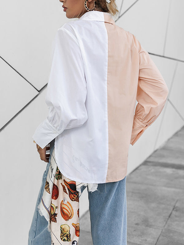 Buttoned Contrast Color Long Sleeves Loose Lapel Blouses&Shirts Tops