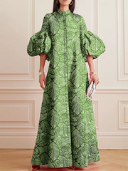 Elasticity Leaves Print Split-Joint Zipper A-line Half Sleeves Mock Neck Maxi Dresses