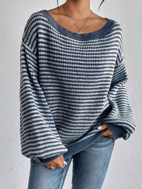 Contrast Color Split-Joint Striped Long Sleeves Loose Off-The-Shoulder Sweater Tops Pullovers