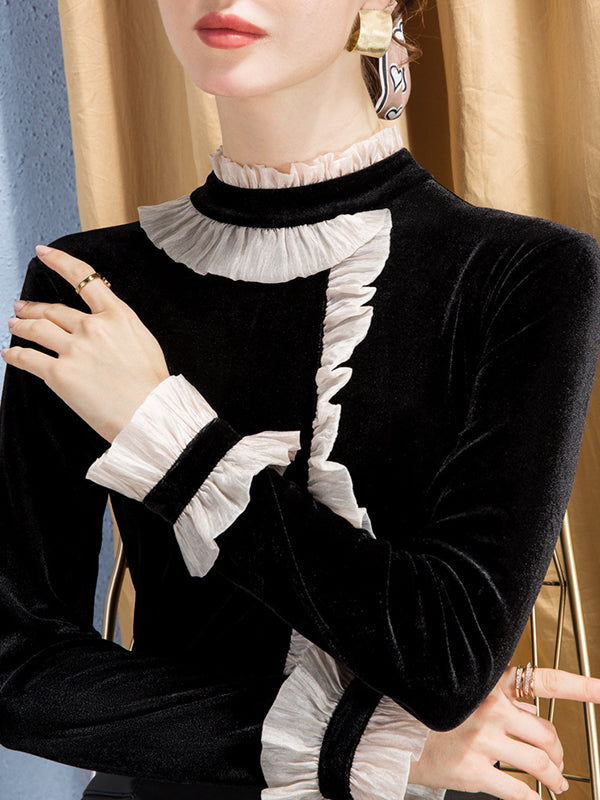 Asymmetric Contrast Color Split-Joint Long Sleeves Ruffle Sleeves Half Turtleneck T-Shirts Tops