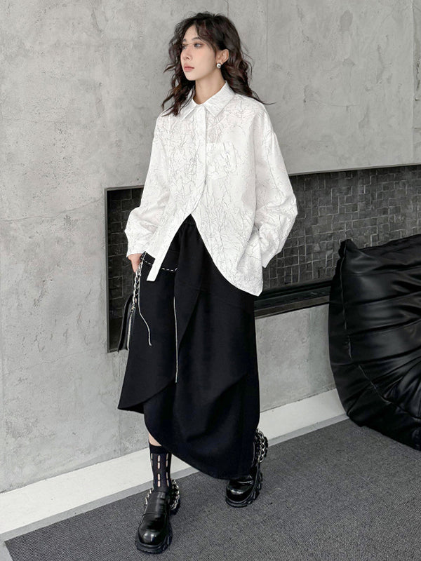 Abstract Printed Asymmetric Buttoned Wrinkled Irregularity Long Sleeves Lapel Blouses&Shirts Tops