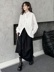 Abstract Printed Asymmetric Buttoned Wrinkled Irregularity Long Sleeves Lapel Blouses&Shirts Tops