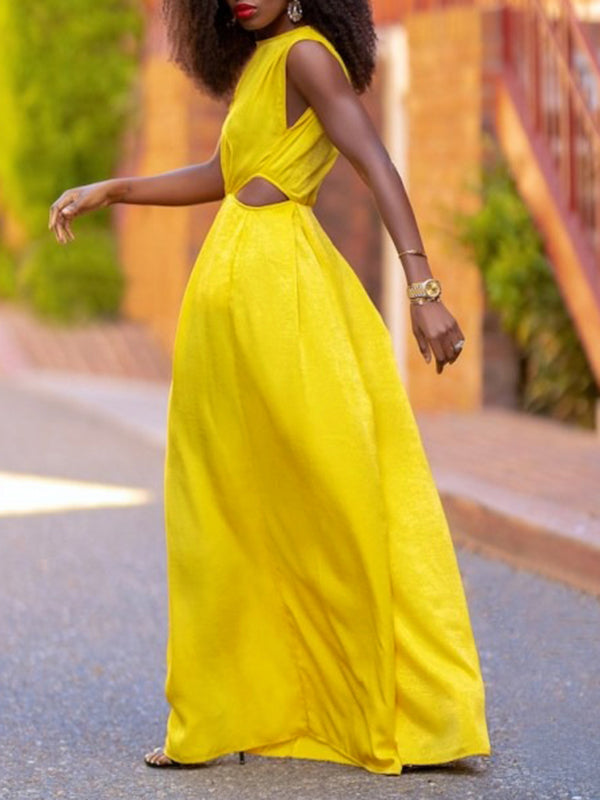 Hollow Solid Color Loose Wide Leg Round-neck Jumpsuits