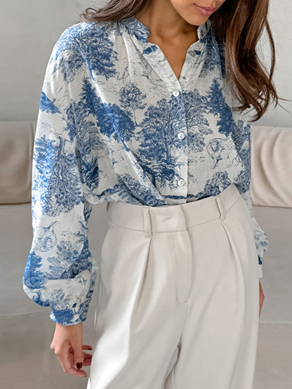Floral Printed Pleated Split-Joint Loose Puff Sleeves Stand Collar Blouses&Shirts Tops