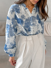 Floral Printed Pleated Split-Joint Loose Puff Sleeves Stand Collar Blouses&Shirts Tops