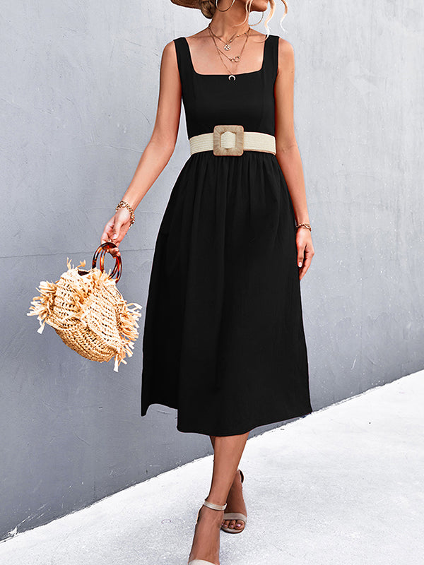 Pleated Solid Color Split-Joint High Waisted Sleeveless U-Neck Midi Dresses