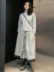 Urban Long Sleeves Buttoned Round-Neck Jacket Top+ Split-Joint Skirt Two Pieces Set
