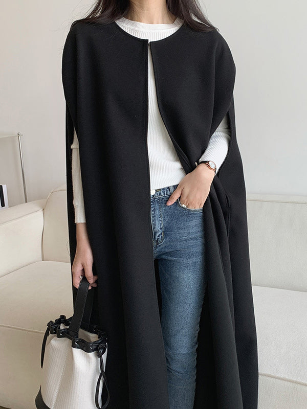 Solid Color Loose Sleeveless Round-Neck Outerwear Cape