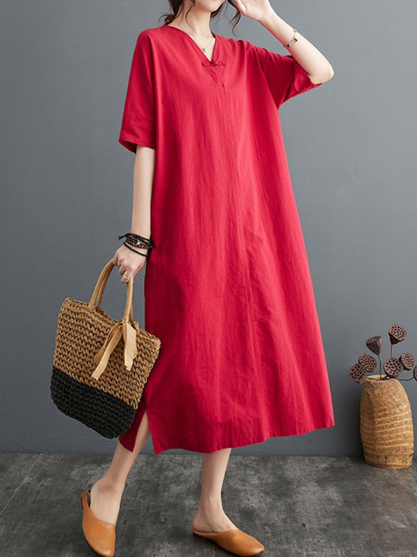 Chinese Frog Buttons Pockets Solid Color Split-Side A-Line Loose V-Neck Midi Dresses