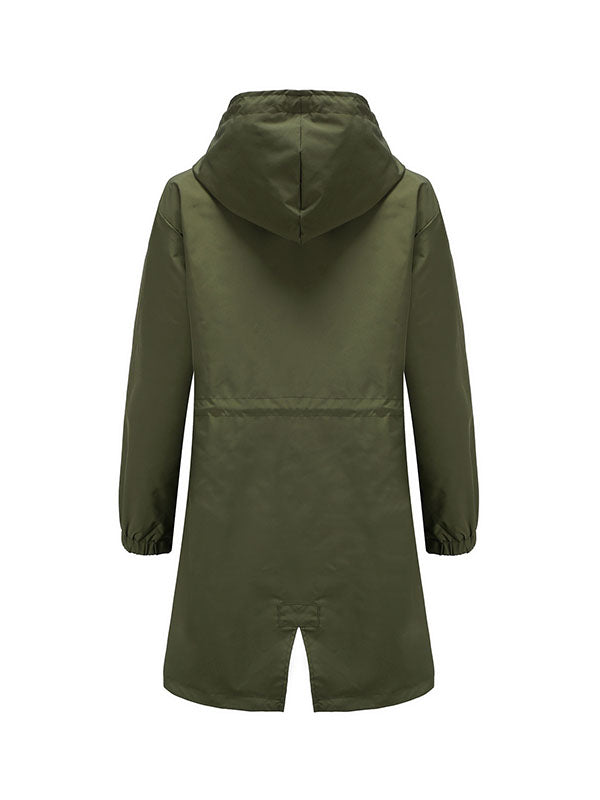 Buttoned Drawstring Elasticity Hooded Pockets Split-Back Waterproof Long Sleeves Loose High-Neck Trench Coats