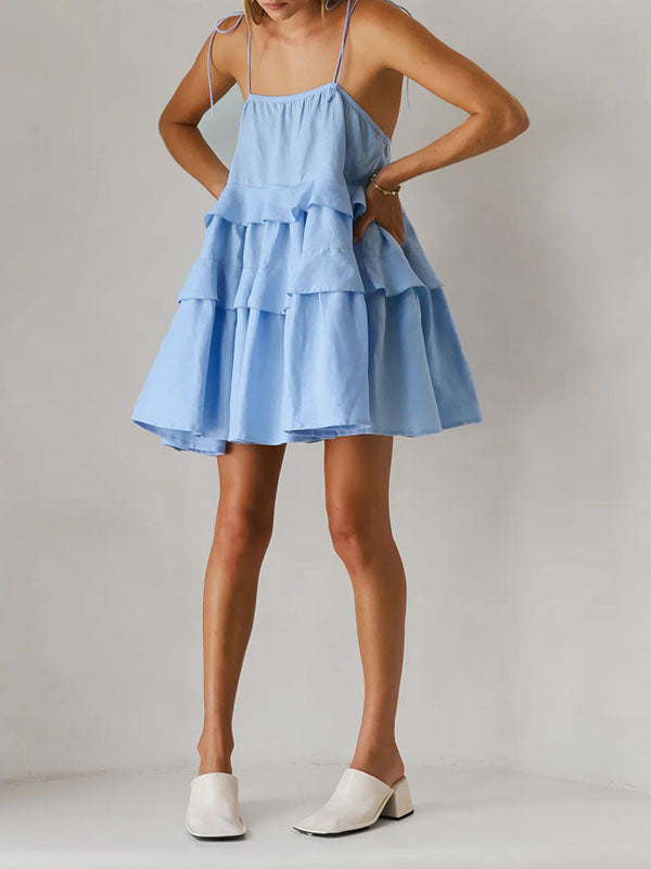 Backless Layered Pleated Solid Color Tied High Waisted Loose Spaghetti-Neck Mini Dresses