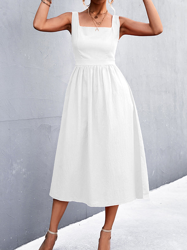 Pleated Solid Color Split-Joint High Waisted Sleeveless U-Neck Midi Dresses