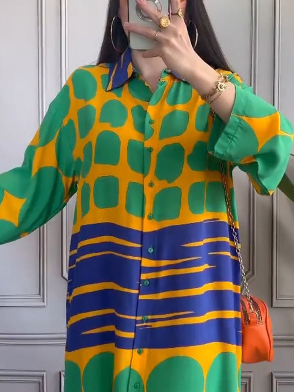 Buttoned Printed Long Sleeves Loose Lapel Shirt Dress Maxi Dresses