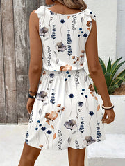 Buttoned Elasticity Flower Print Tied Loose Sleeveless V-neck Mini Dresses