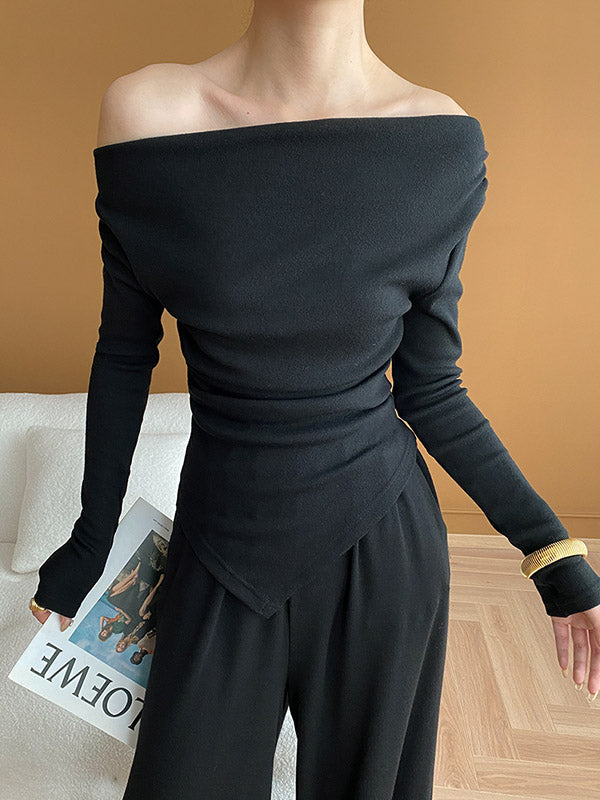 Asymmetric Solid Color Long Sleeves Off-The-Shoulder Shirts Top + High Waisted Pants Bottom Two Pieces Set