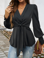 Elasticity Knot Solid Color Long Sleeves Loose V-Neck Blouses&Shirts Tops