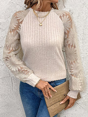 See-Through Split-Joint Long Sleeves Loose Round-Neck T-Shirts Tops