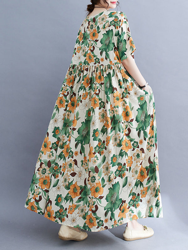 Floral Printed Pleated Split-Joint Loose Short Sleeves Round-Neck Midi Dresses