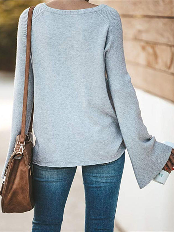 Casual Long Sleeves Loose Solid Color V-Neck Sweater Tops