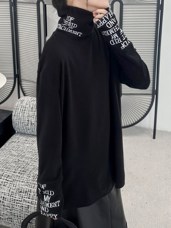 Letter Print Split-Joint Long Sleeves Loose High Neck T-Shirts