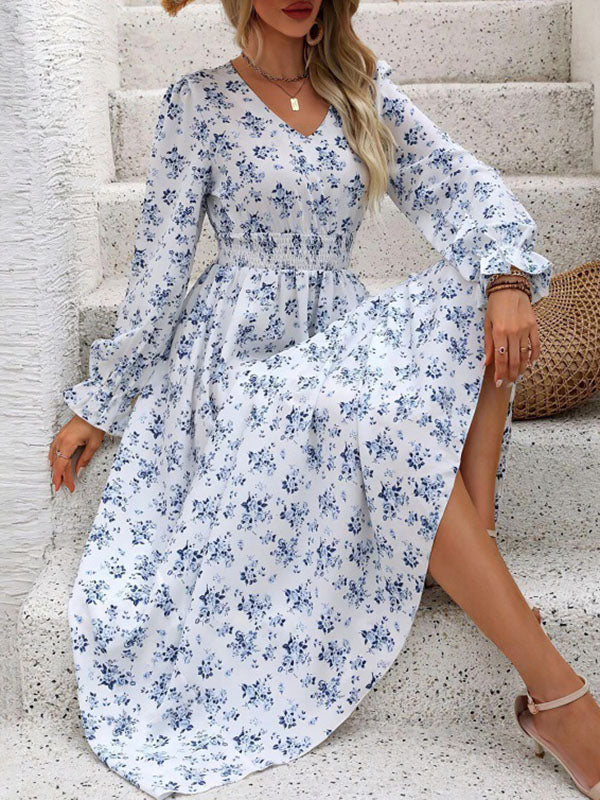 Elasticity Floral Printed Long Sleeves Loose V-neck Maxi Dresses