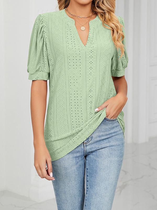 Hollow Solid Color Bishop Sleeve Loose V-neck T-Shirts Tops
