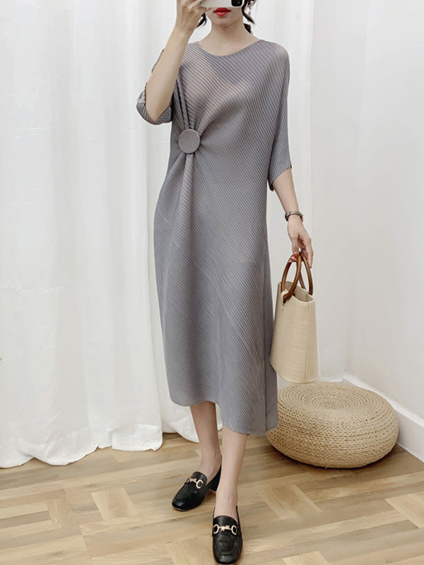 Pleated Solid Color Half Sleeves Irregular Clipping Round-Neck Midi Dresses