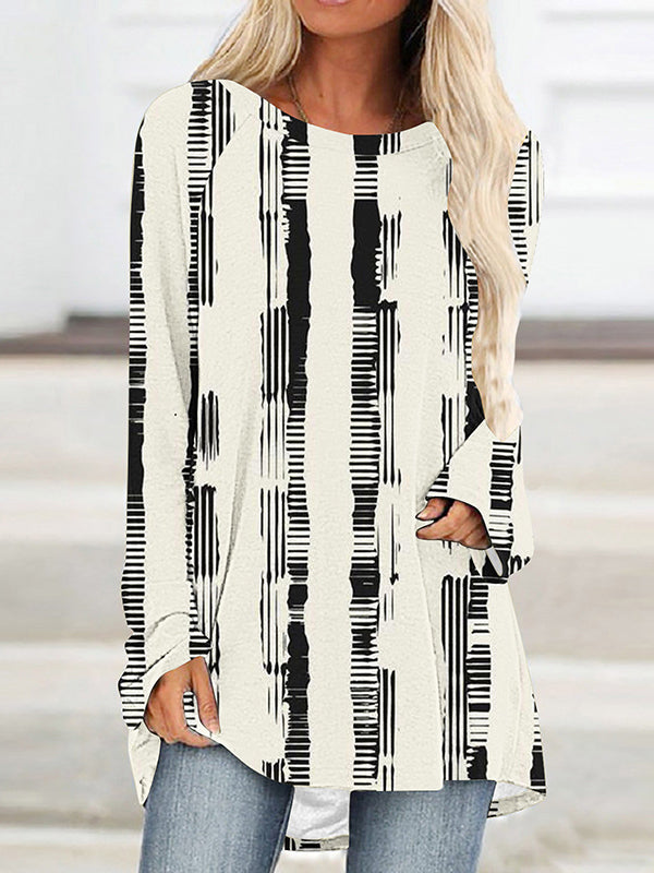 Plaid Printed High-low Long Sleeves Round-neck T-Shirts Tops