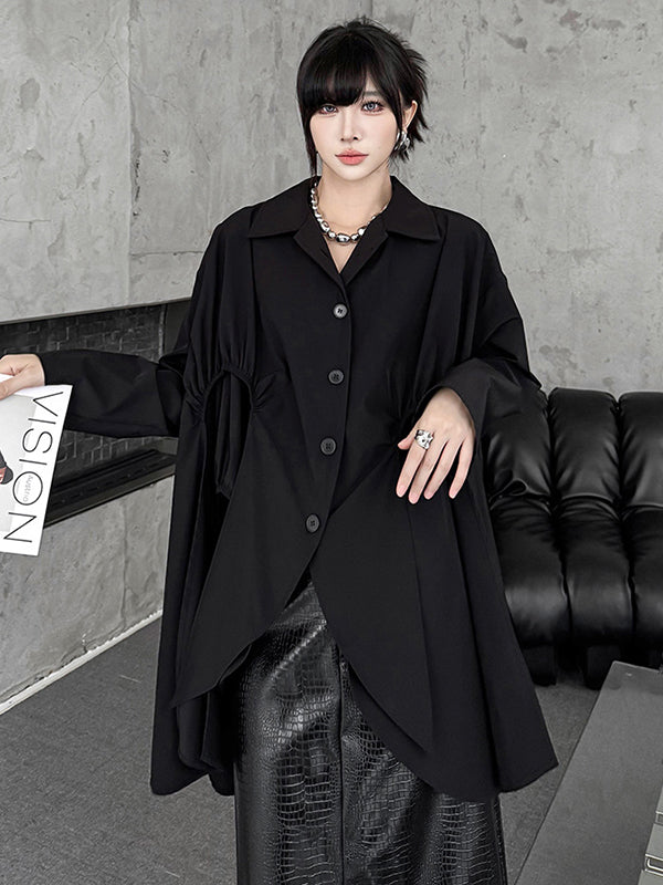 Buttoned Pleated Solid Color Split-Joint High-Low Irregularity Shirt Collar Blouses&Shirts Tops