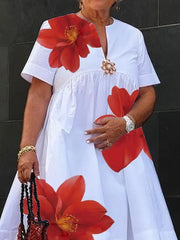 Flower Print Pleated A-Line Loose V-Neck Midi Dresses