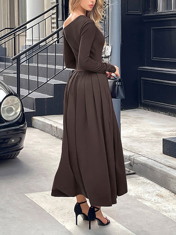 Pleated Solid Color Split-Front High Waisted Long Sleeves One-Shoulder Maxi Dresses