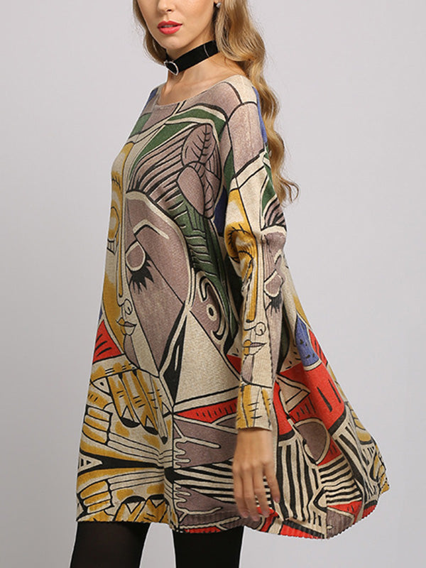 Figure Printed Long Sleeves Loose Boat Neck Knitwear
